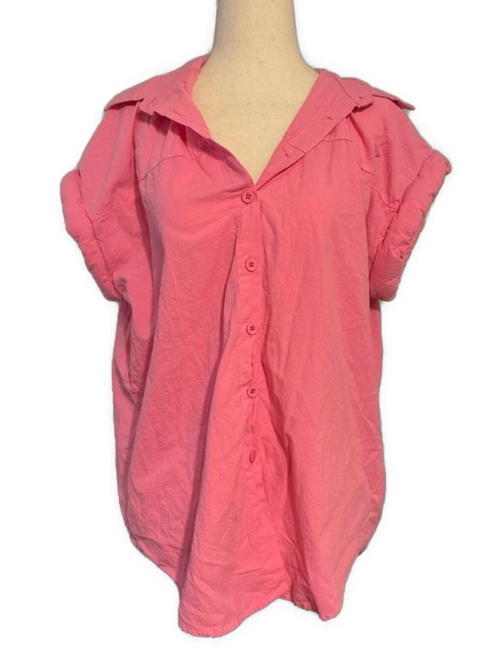 Monique Italy Solid Pink Oversized Short Sleeve Blouse Collared Medium Large